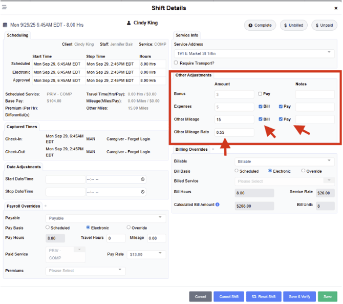 Shift Details Other Mileage Settings