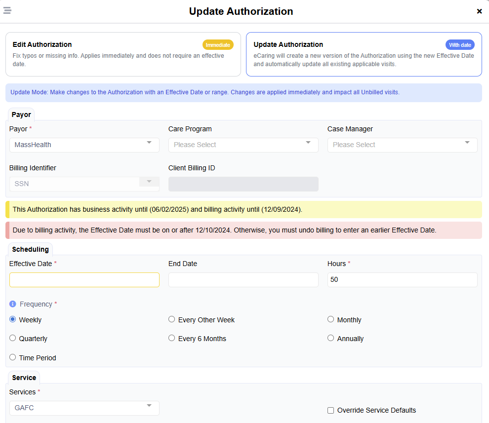 Update Authorizations Screenshot