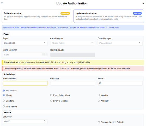 Update Authorizations Screenshot