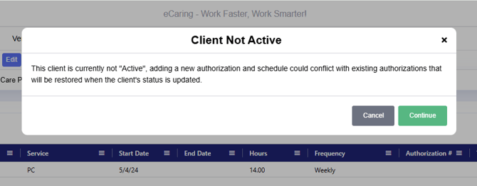 inactive client auth warning